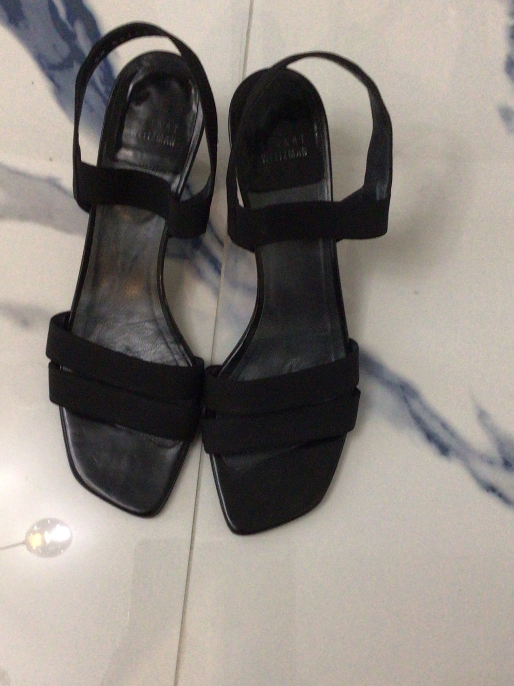 Stuart Weitzman Black Strappy Square-Toe Slingback Sandals